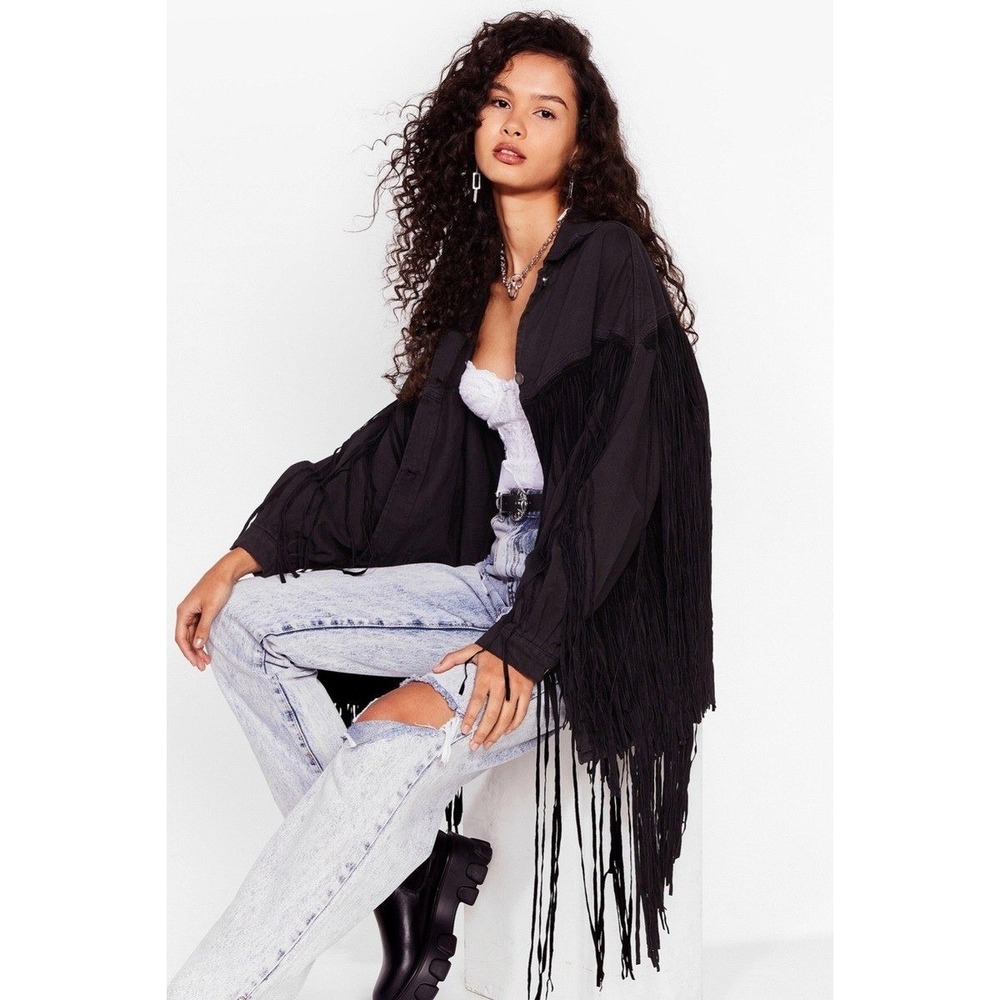 Nasty Gal Black Fringe Jean Jacket 4 Festival Country Coachella Emo Grunge Party